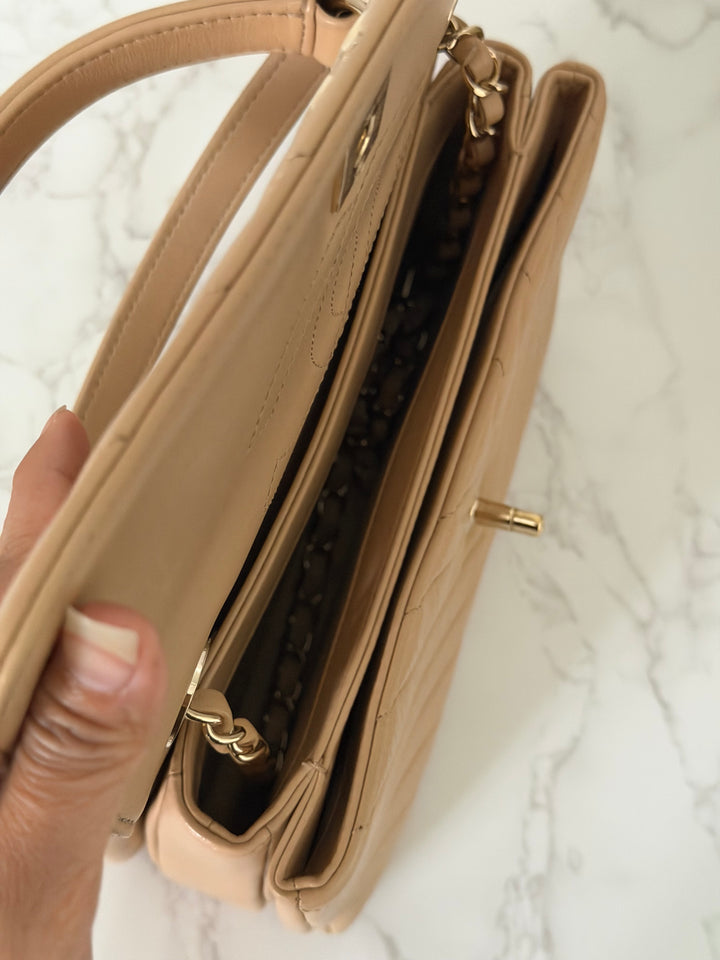 CHANEL series 27 2018 Dark Beige Lambskin LGHW Trendy CC Flap Bag size Small with Top Handle and detachable strap