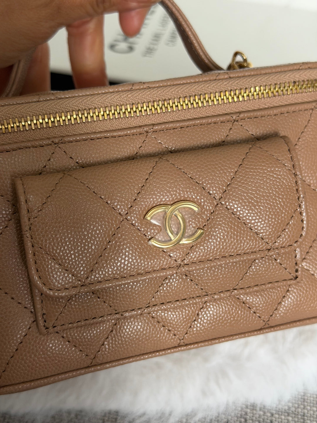 CHANEL Dark Beige Caviar Cargo Polly Pocket Vanity Case with Top Handle GHW 2023