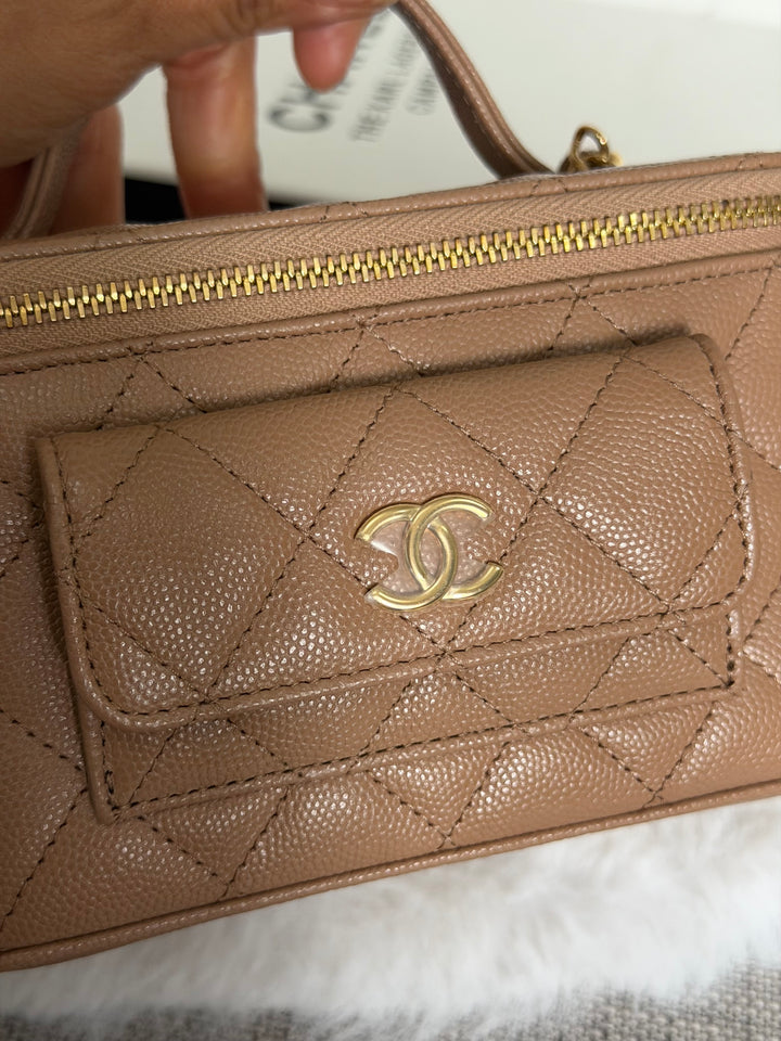 CHANEL Dark Beige Caviar Cargo Polly Pocket Vanity Case with Top Handle GHW 2023