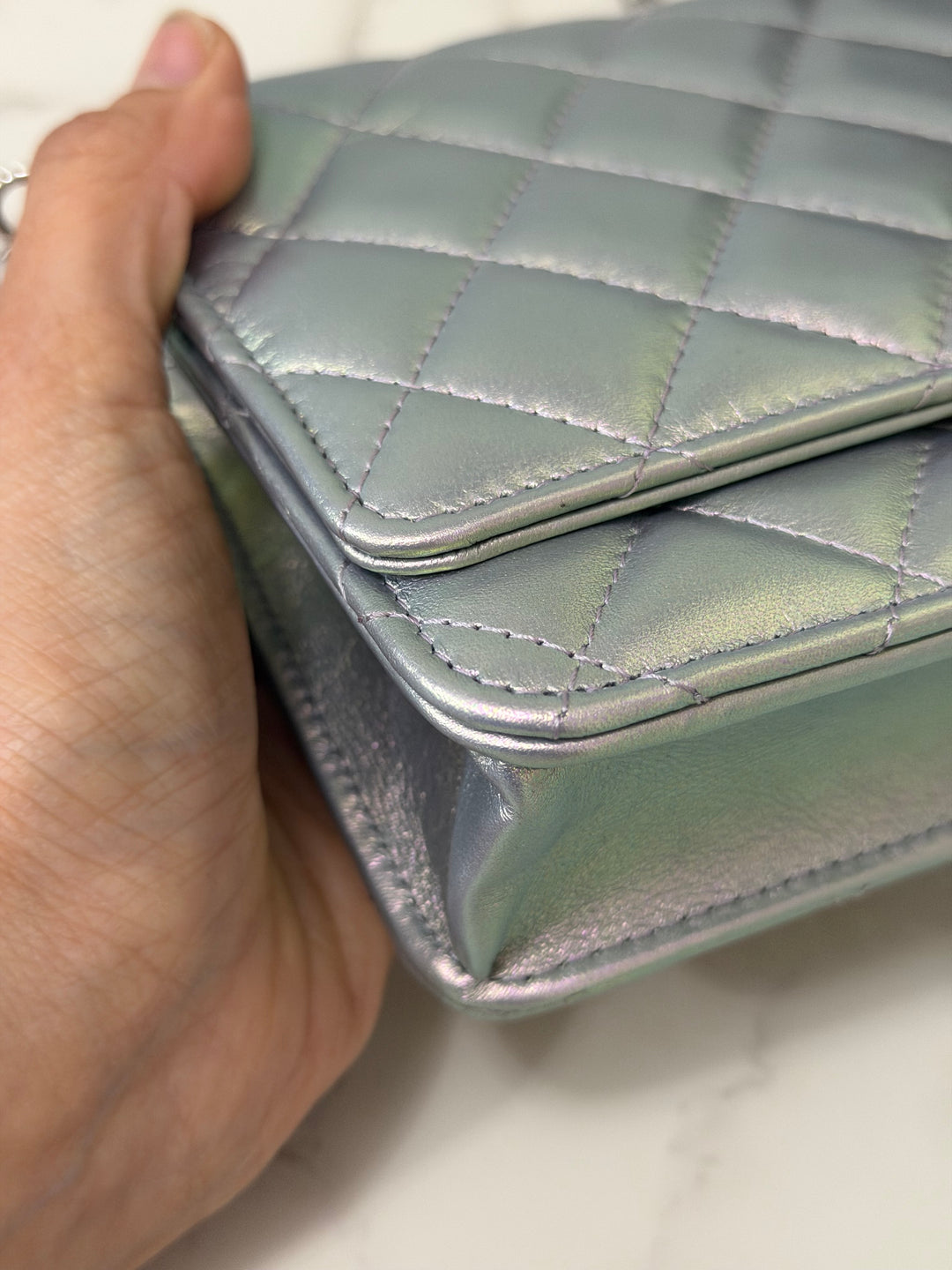 CHANEL 21K Silver Lambskin SHW Classic Wallet On Chain (WOC)