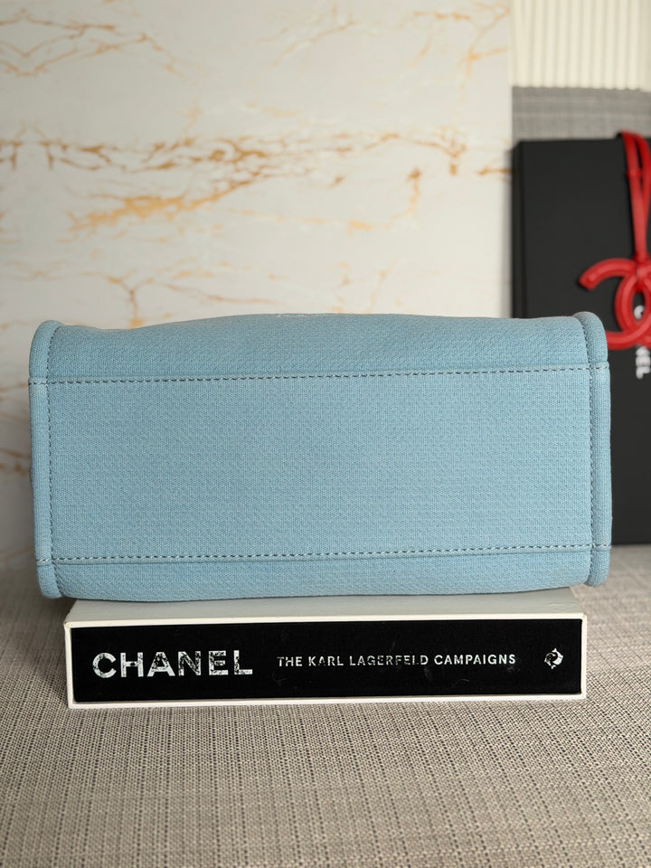 CHANEL Blue Tweed Deauville Tote Bag size SMALL with leather top handle SHW 2022