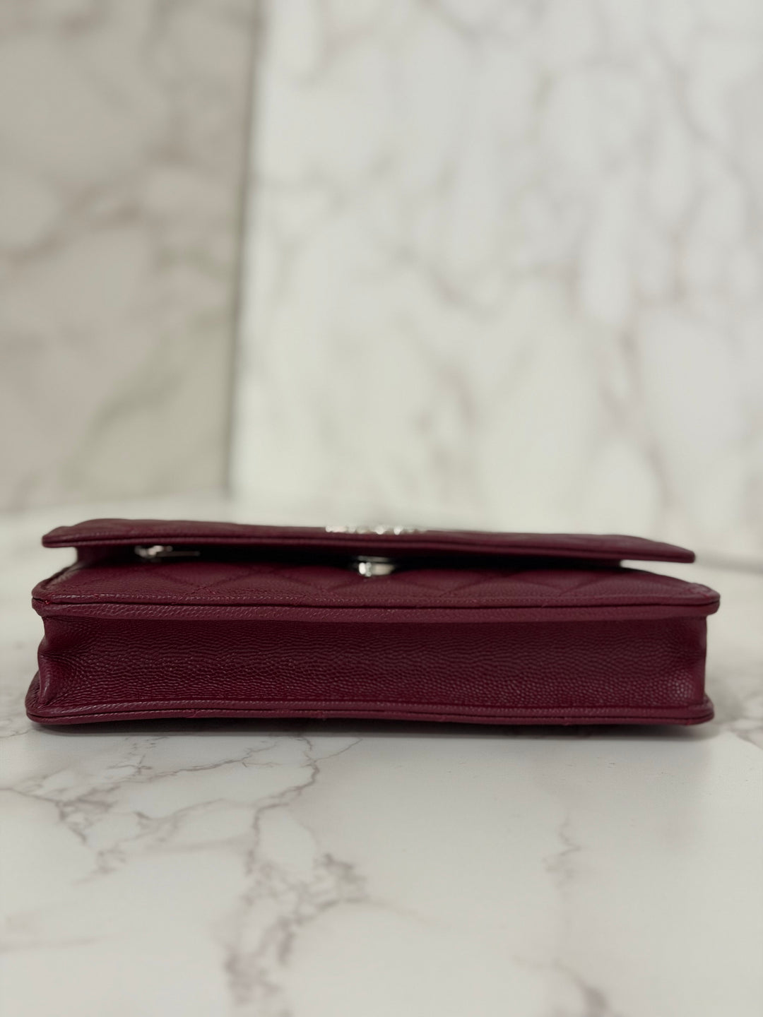 CHANEL 2024 Burgundy Caviar SHW Classic Wallet on chain (WOC) with crystal CC Logo