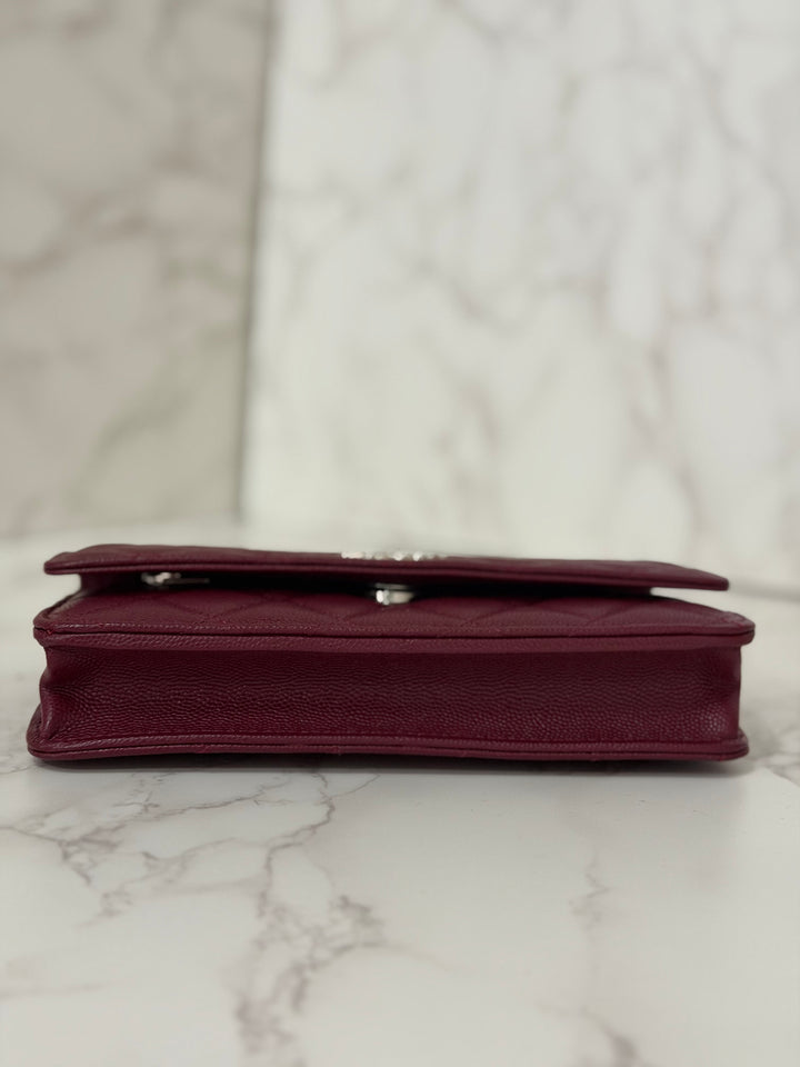 CHANEL 2024 Burgundy Caviar SHW Classic Wallet on chain (WOC) with crystal CC Logo