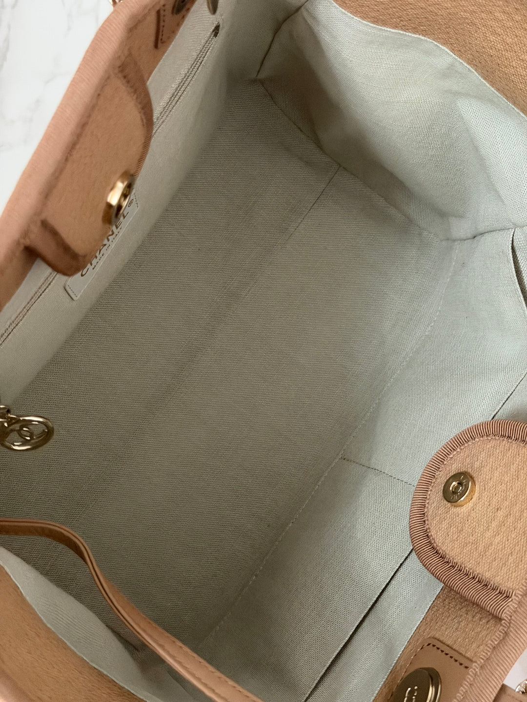 CHANEL 24P collection 2024 Beige Tweed Deauville Tote size Small with top handle LGHW and pouch