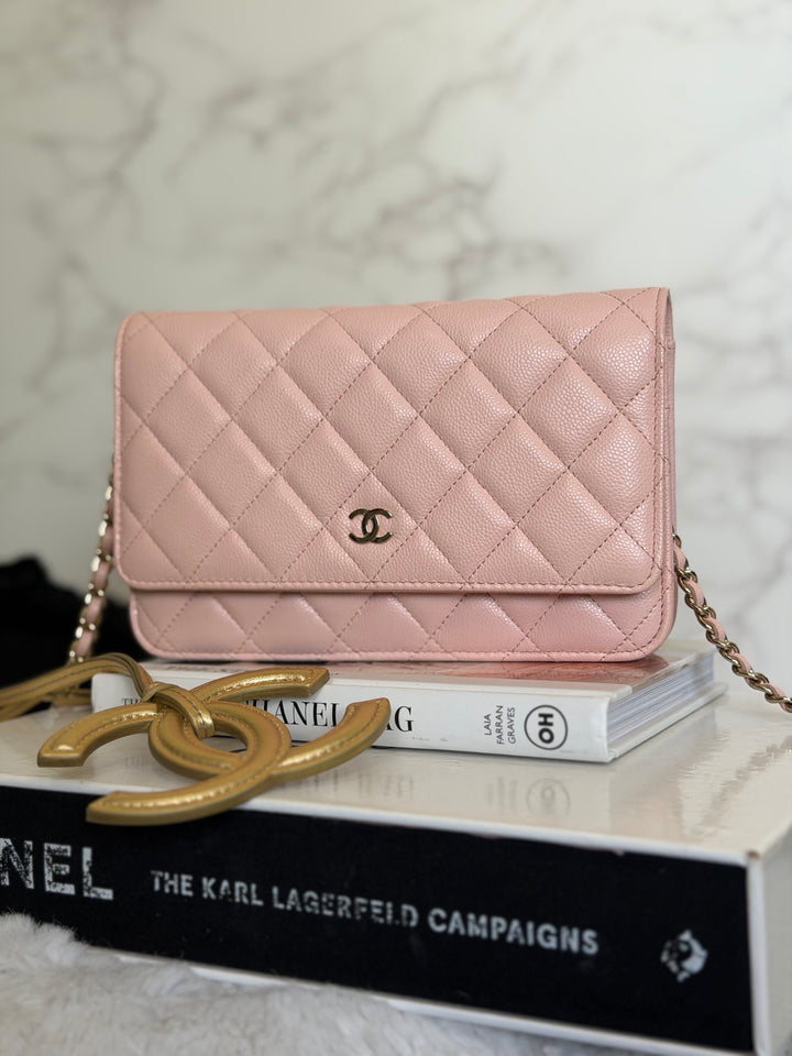 CHANEL Light pink/Nude pink caviar LGHW Classic Wallet on chain (WOC) 2024