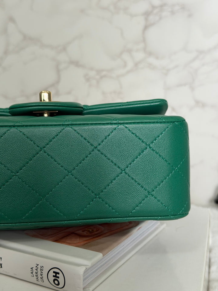 CHANEL Green Lambskin LGHW Mini Rectangular Flap Bag with Top Handle 2022 22A collection