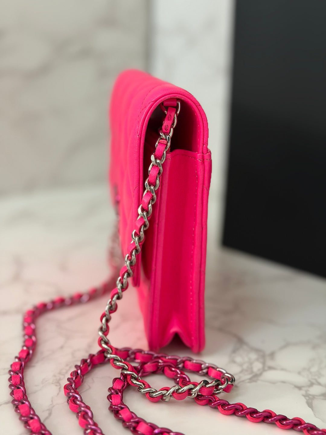 CHANEL 24C 2023/2024 Bright Hot Pink Ombré Hardware Square Wallet on Chain (WOC)