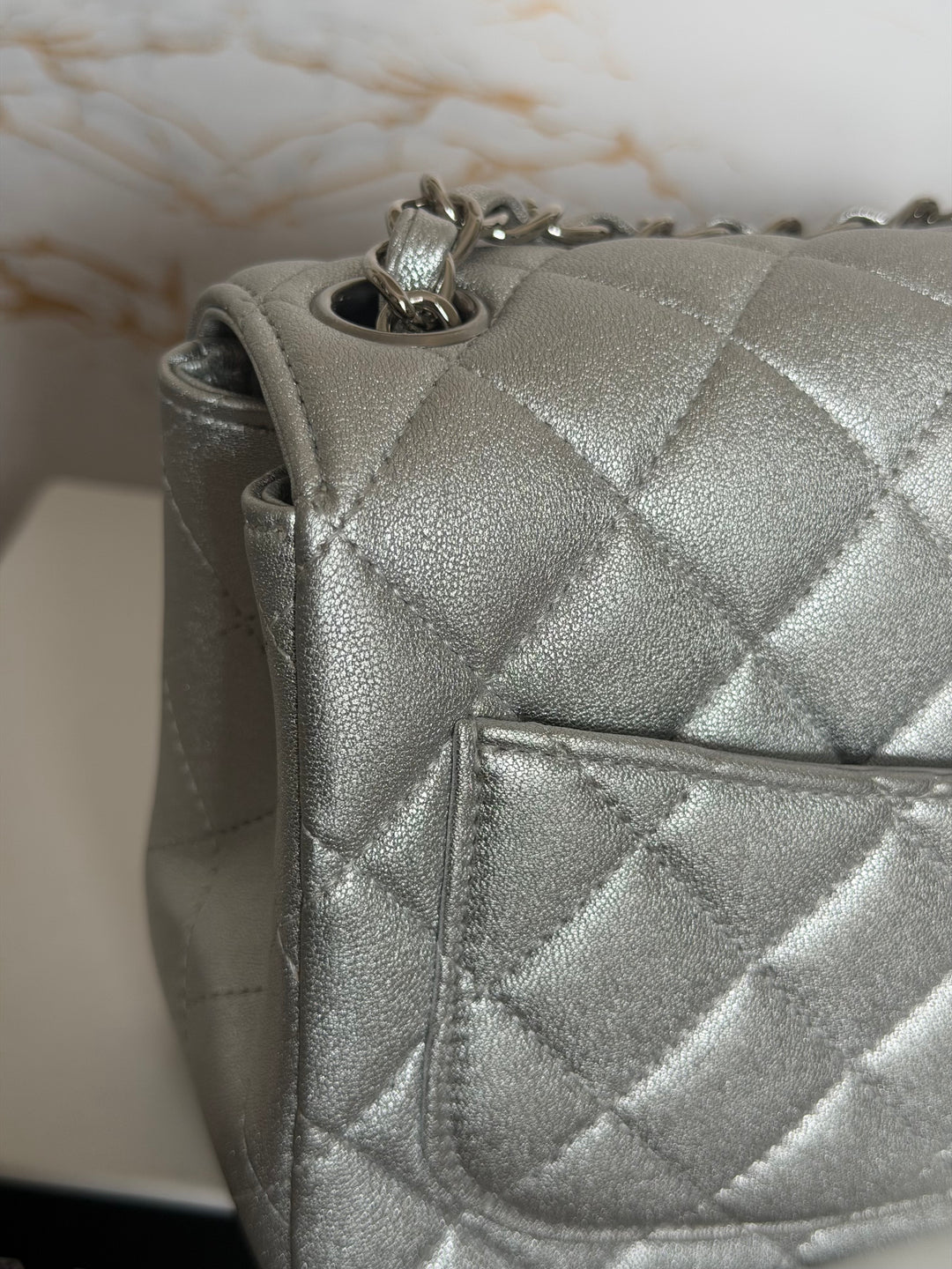 CHANEL Metallic Silver Lambskin SHW Square Mini Flap Bag 2021 21P collection series 31