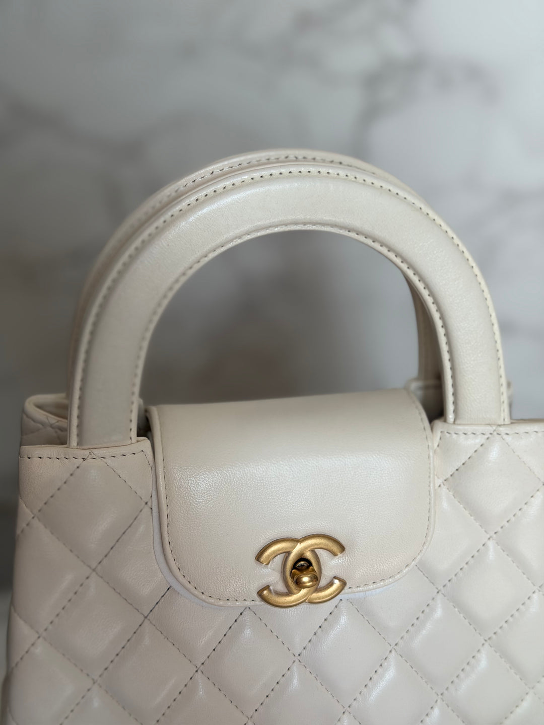 CHANEL White Calf skin Aged GHW Kelly Shopping Bag Size Small 2026