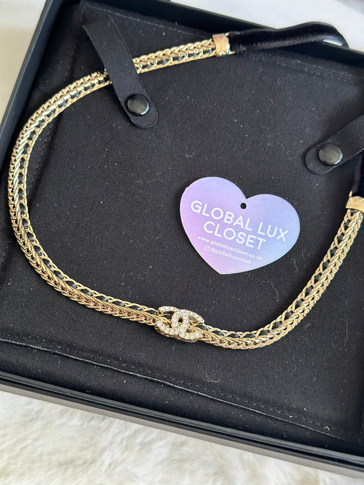 Chanel Chain Tie Choker Gold Tone Necklace