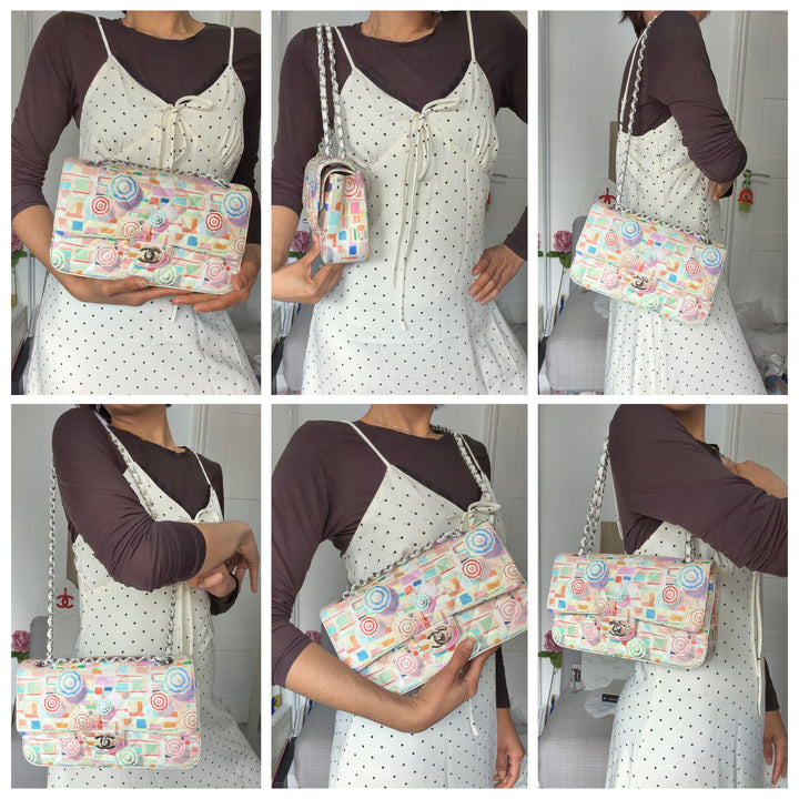 CHANEL Multi Color Rainbow Umbrella print calf skin SHW Medium Classic Double Flap Bag