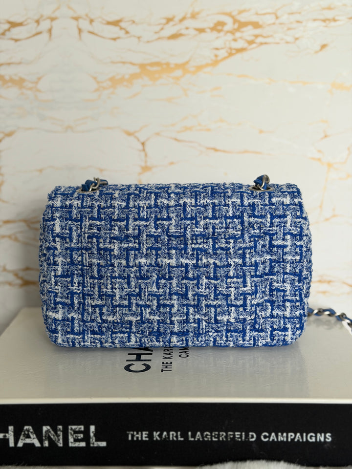 CHANEL 23P Cobalt Blue Muti Coloured Tweed Brushed SHW Mini rectangular flap bag 2023