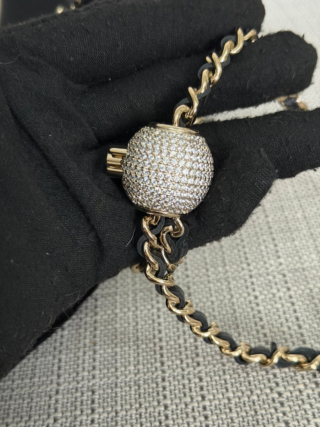 CHANEL 2025 Black Velvet Crystal Pearl Crush Adjustable Strap Wallet on Chain (WOC)