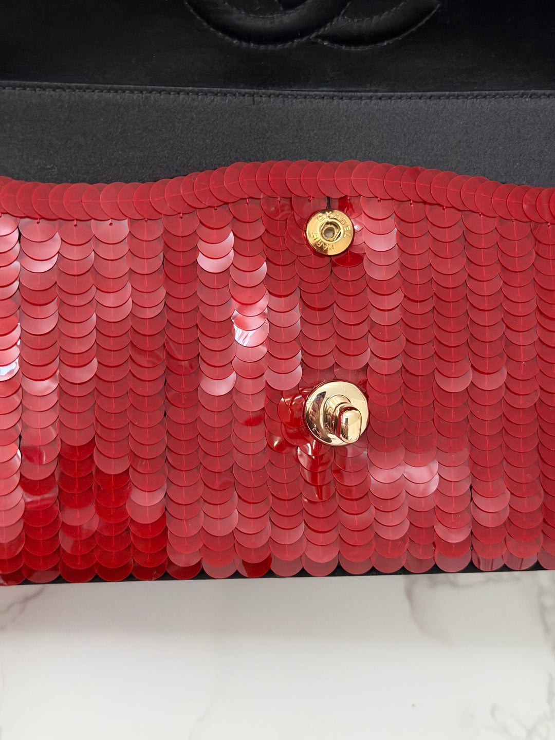 CHANEL series 13 2010 Red Sequin and Black Satin Paris-Shanghai Medium Flap Bag Gold Hardware