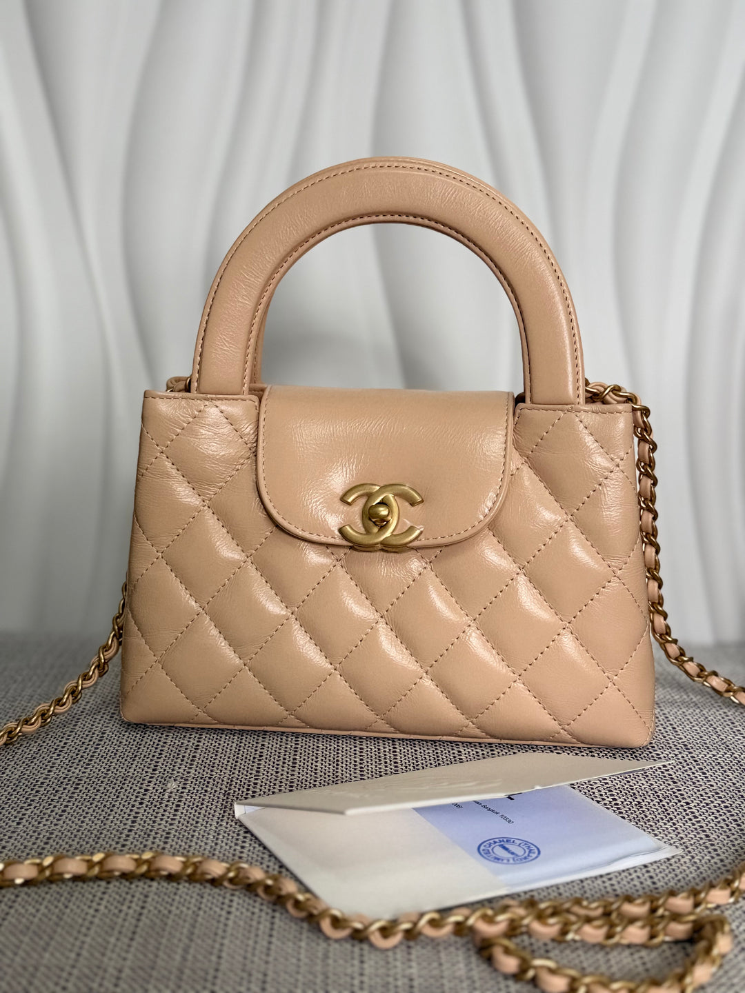 CHANEL 25C Powder Beige Calf Skin aged GHW Kelly Nano Shopping Bag Size Small 19 cms