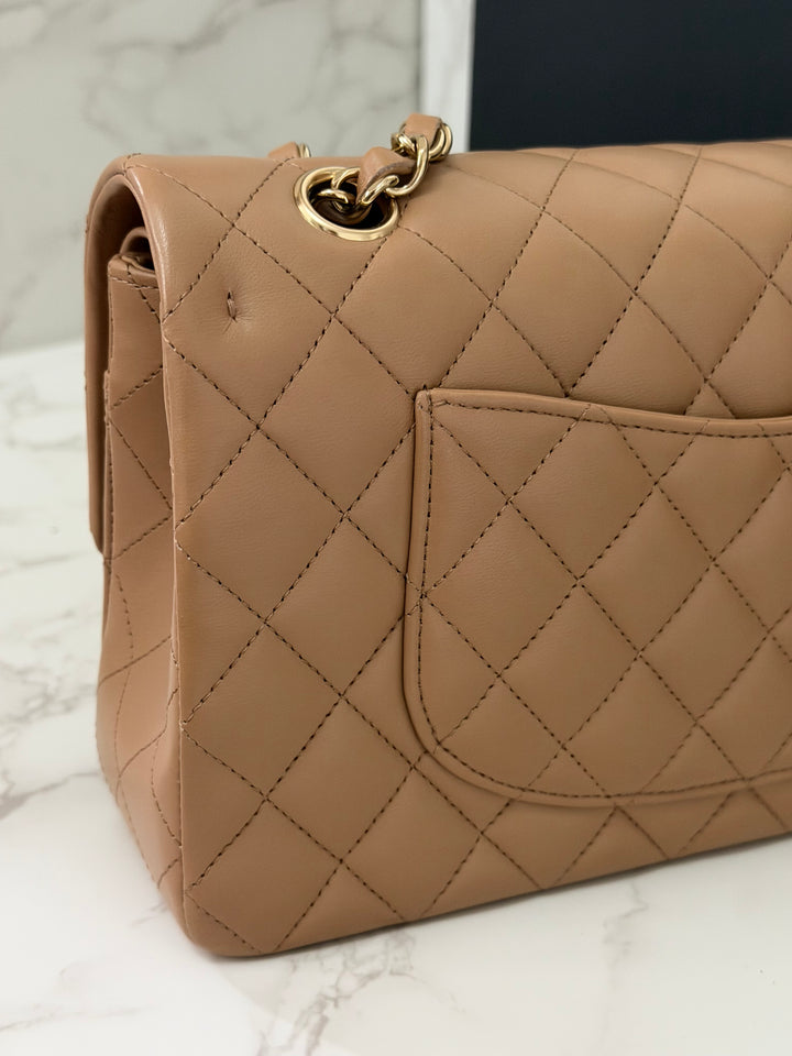 CHANEL 22K collection 2022 Dark Beige Lambskin LGHW Medium ML Timeless Classic Double Flap Bag