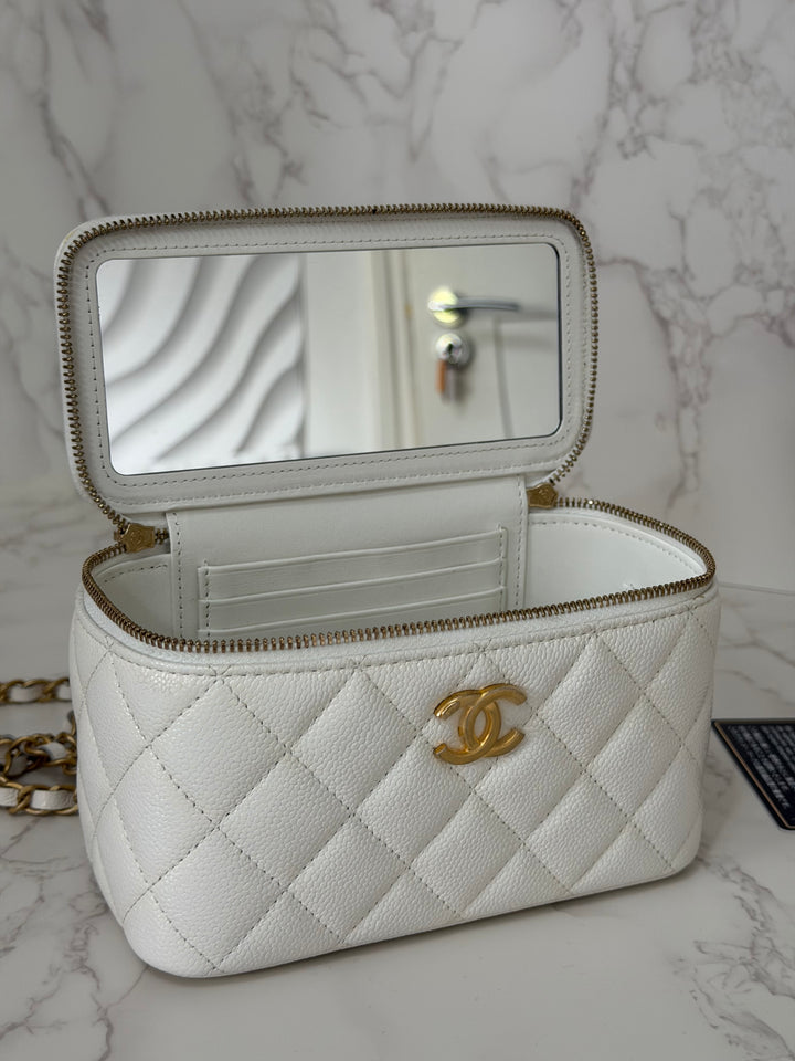 CHANEL 22S Collection 2022 Pick Me Up White Caviar Small Vanity Case with Metal Top Handle GHW