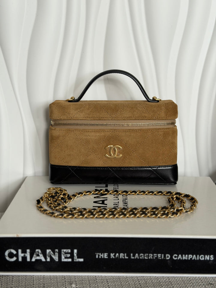 CHANEL 26S Beige Suede Black Calf skin aged GHW Long Vanity Case with Detachable Chain and top handle 2026
