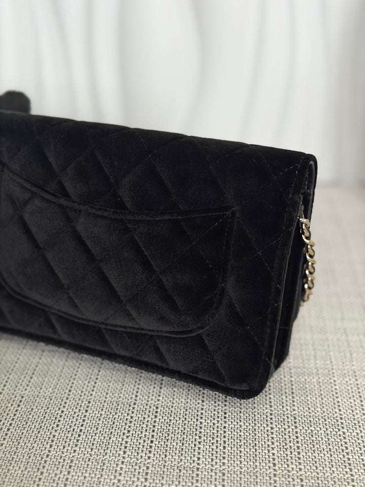 CHANEL 2025 Black Velvet Crystal Pearl Crush Adjustable Strap Wallet on Chain (WOC)