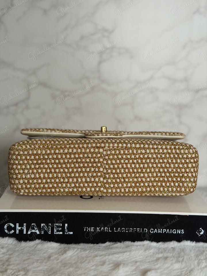CHANEL series 17 Beige/Ivory Gold Tweed Medium ML Timeless Classic Double Flap Bag 2012 with LGHW