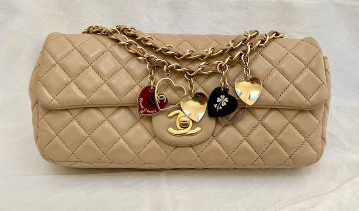 CHANEL Beige Lambskin Valentine East West Flap Bag series 13 with Charms