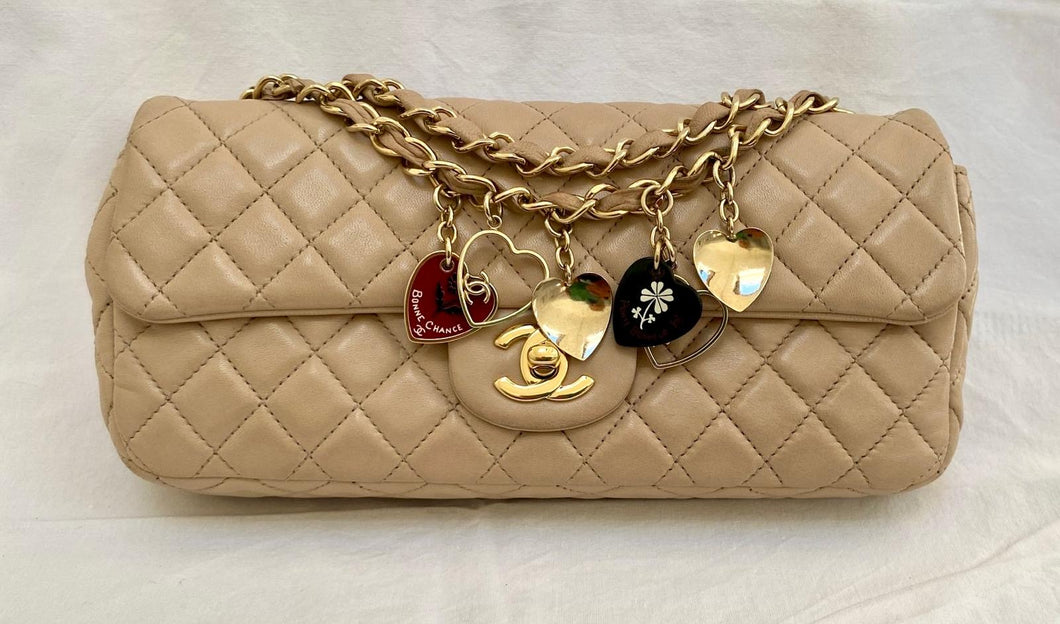 CHANEL Beige Lambskin Valentine East West Flap Bag series 13 with Charms