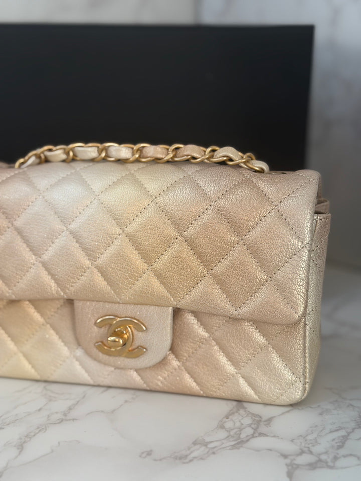CHANEL 22P Gold Silver Ombré Goat skin Mini Rectangular Flap Bag with Aged GHW 2022