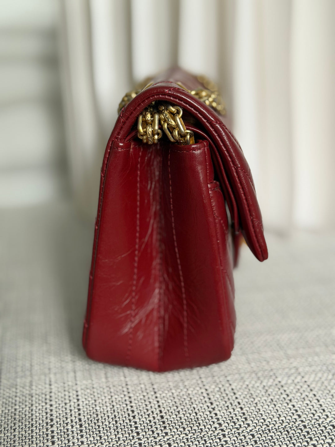 CHANEL 16A collection 2016 Series 23 Burgundy Calf skin Chevron Mini Reissue Flap Bag with Aged GHW