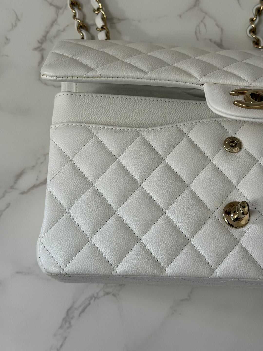 CHANEL 2023 White Caviar LGHW Medium ML Timeless Classic Double Flap Bag