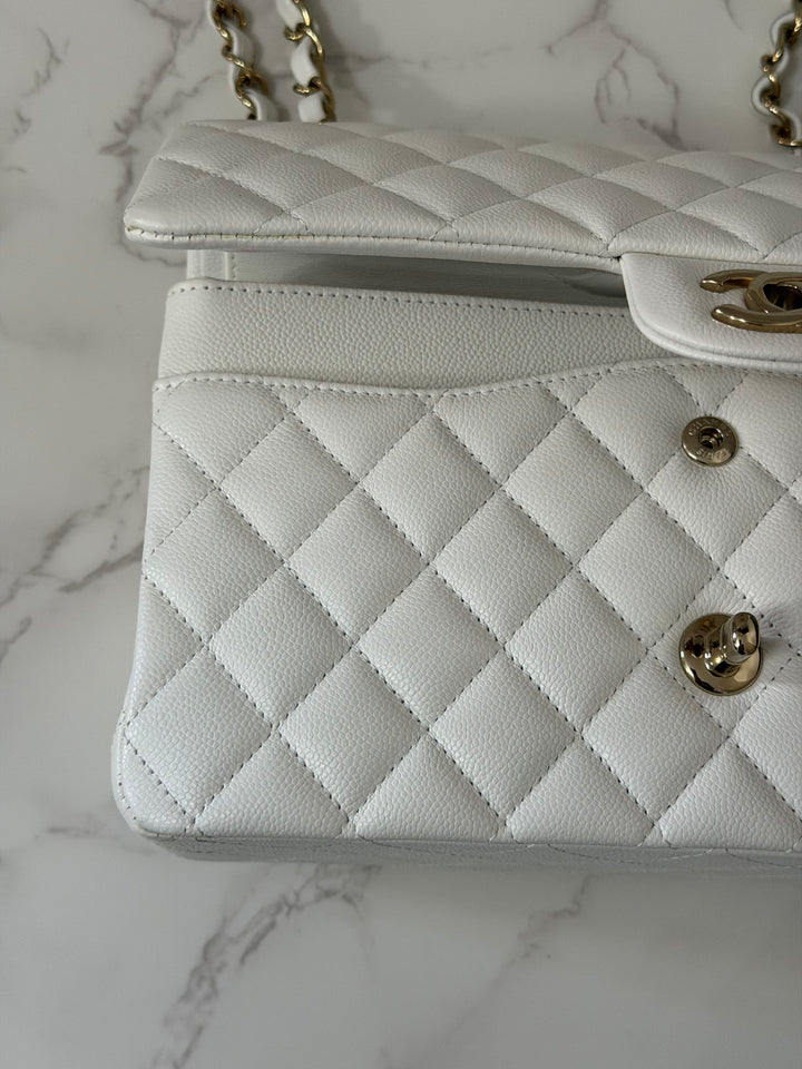 CHANEL 2023 White Caviar LGHW Medium ML Timeless Classic Double Flap Bag