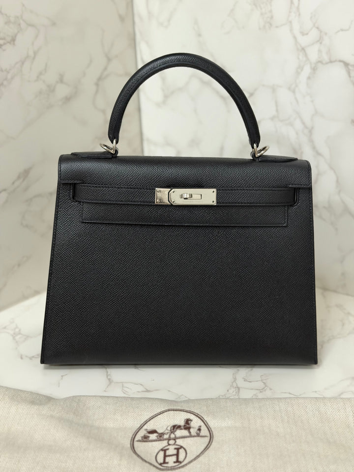 HERMES Black Noir Sellier Epsom Leather PHW Kelly 28 Stamp R 2014