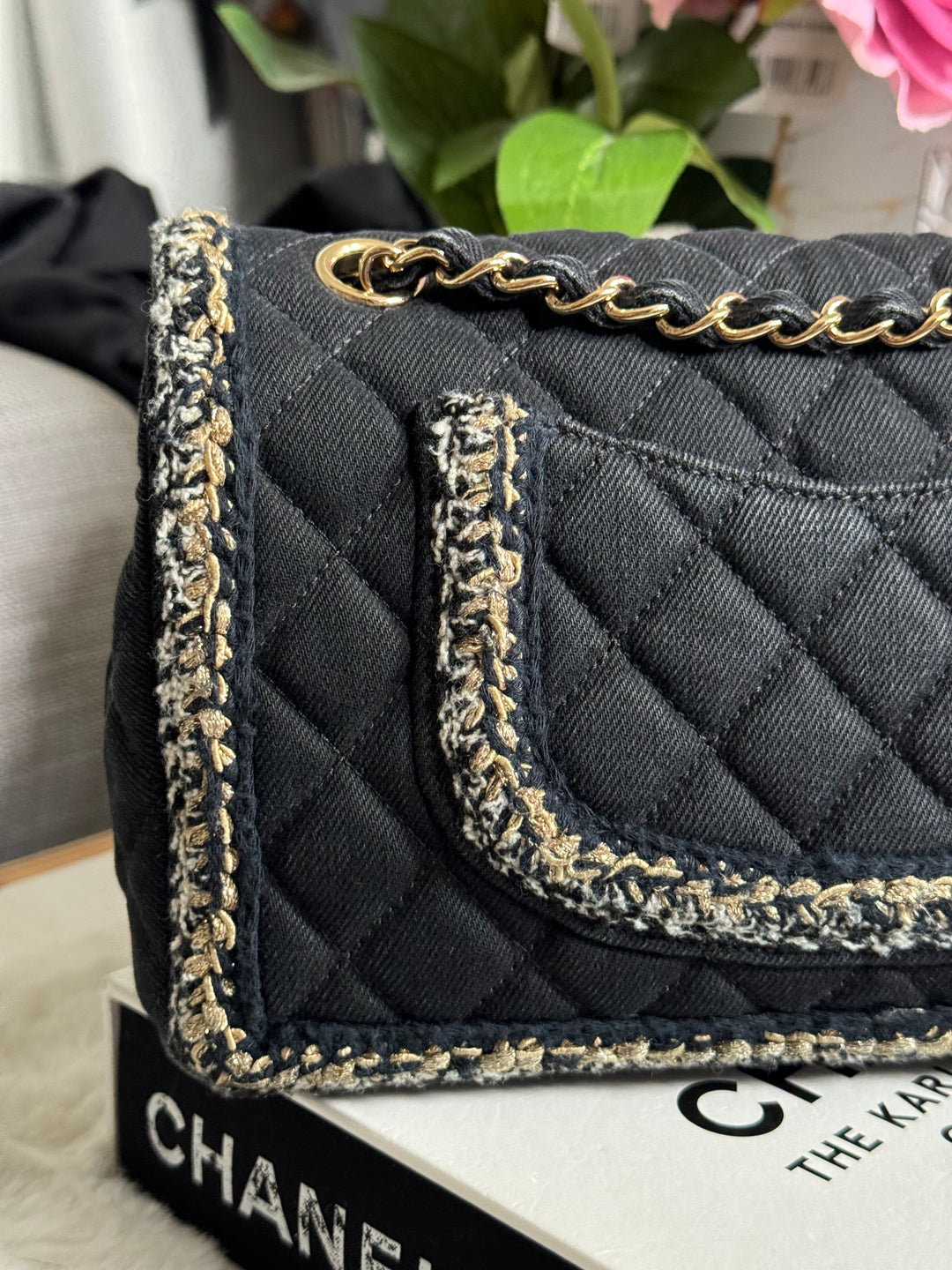 Chanel series 26 Black Denim LGHW Braided in Gold/White/Black Medium Flap Bag