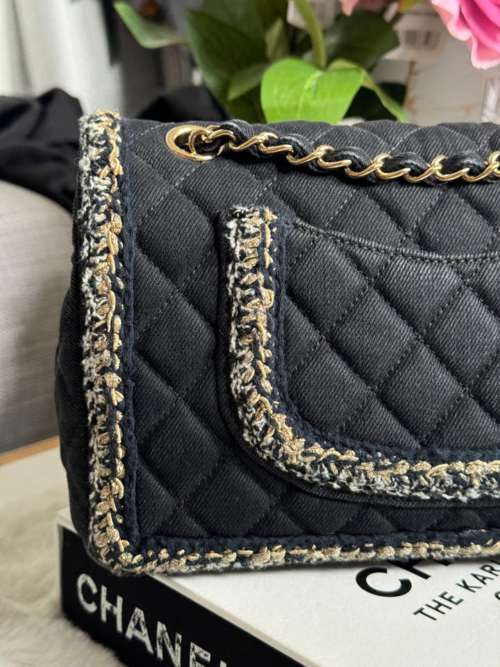 Chanel series 26 Black Denim LGHW Braided in Gold/White/Black Medium Flap Bag