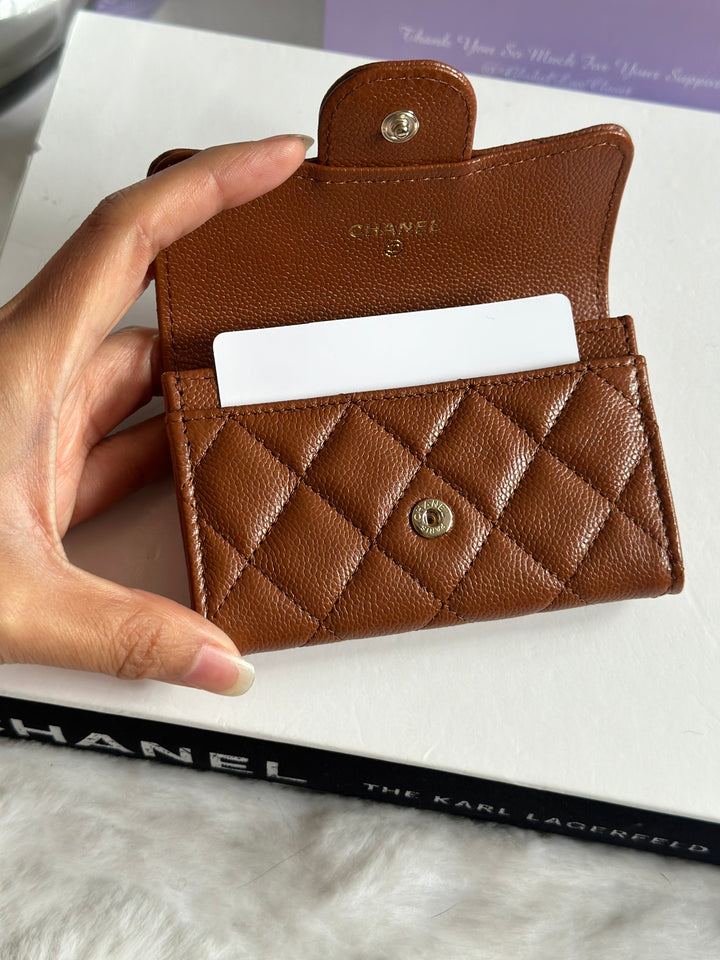 Chanel 23A Brown Caviar LGHW Classic Flap Snap Card Holder
