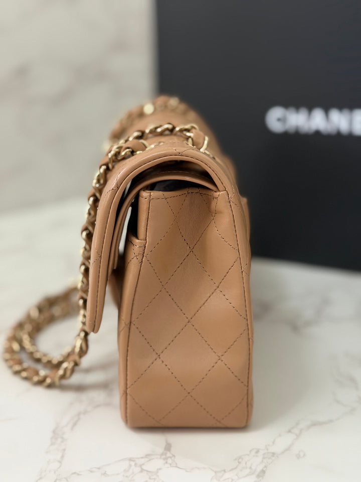 CHANEL 22K collection 2022 Dark Beige Lambskin LGHW Medium ML Timeless Classic Double Flap Bag