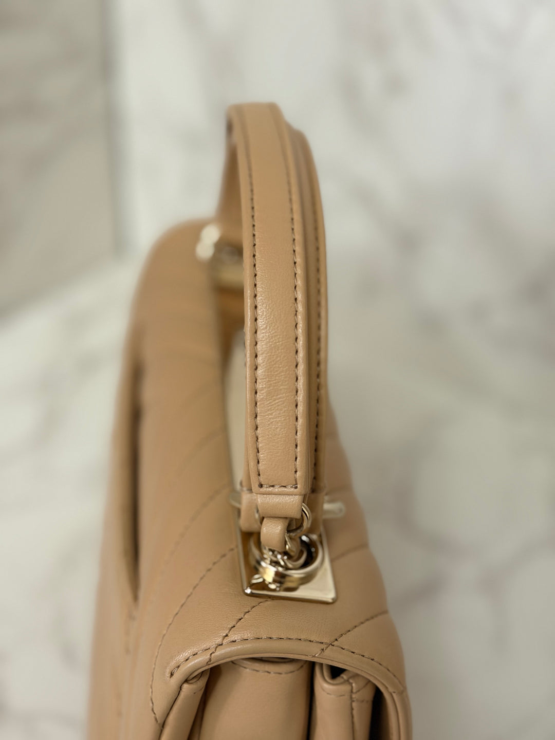 CHANEL series 27 2018 Dark Beige Lambskin LGHW Trendy CC Flap Bag size Small with Top Handle and detachable strap