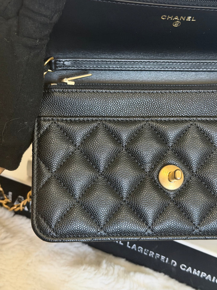 CHANEL Camellia Turnlock Black Lambskin Brushed GHW Classic Wallet on Chain (WOC) microchip 2023