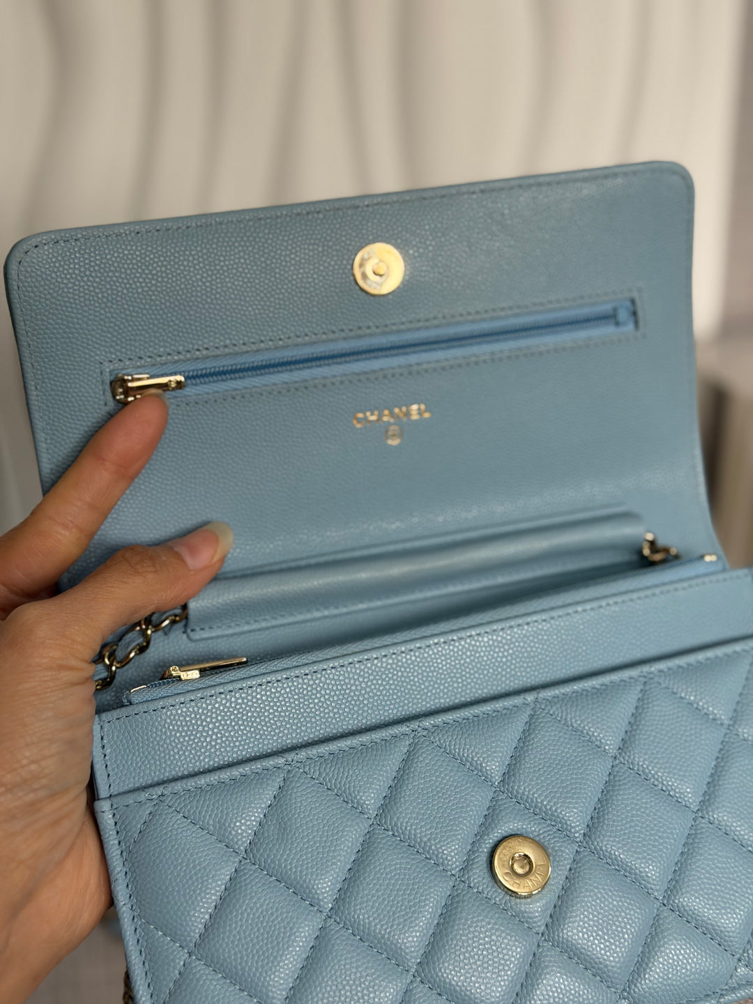 CHANEL 22S Collection 2022 Baby Blue/ Light Blue Caviar LGHW Classic Wallet on chain (WOC)
