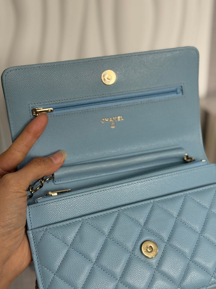 CHANEL 22S Collection 2022 Baby Blue/ Light Blue Caviar LGHW Classic Wallet on chain (WOC)