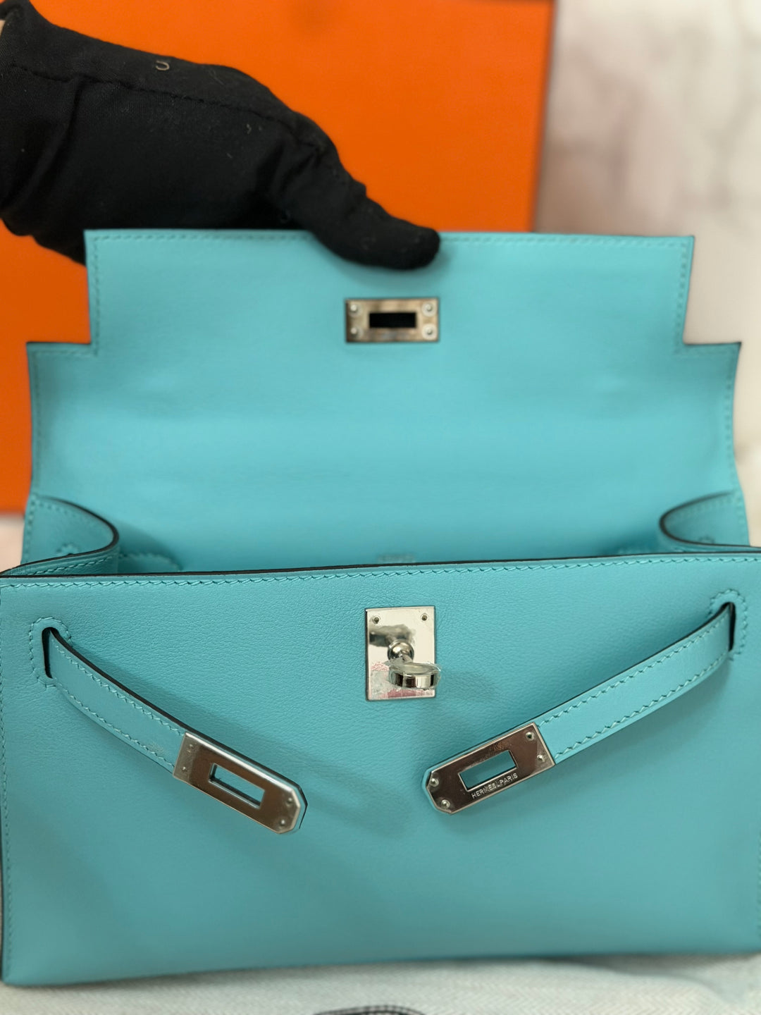 Hermès Kelly Pochette Swift Leather in Bleu Atoll 3P PHW Palladium Hardware Stamp T