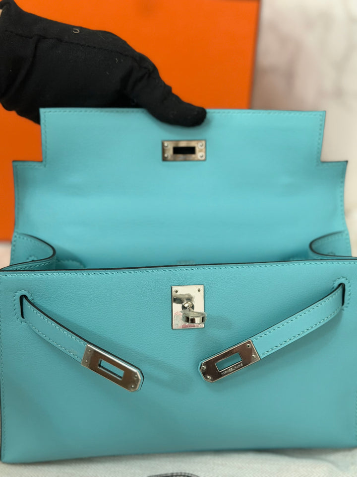 Hermès Kelly Pochette Swift Leather in Bleu Atoll 3P PHW Palladium Hardware Stamp T
