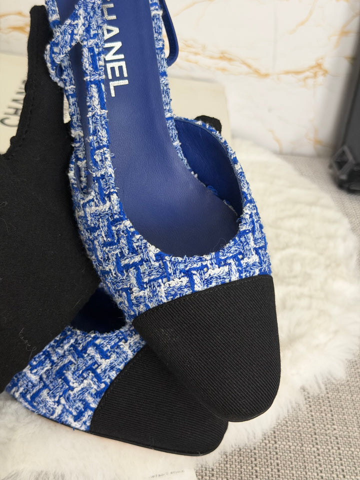 CHANEL 23P Cobalt Blue SHW Tweed Slingback shoes with kitten heels