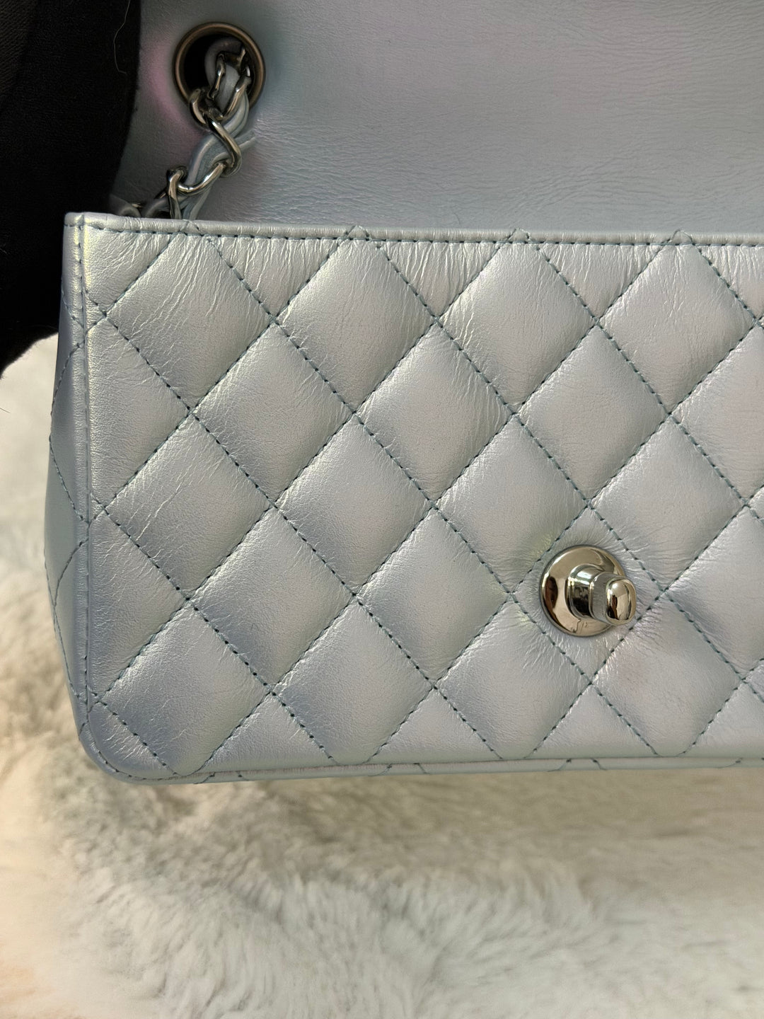CHANEL 21K 2021 Iridescent light Blue Calf skin SHW Mini rectangular flap bag microchip