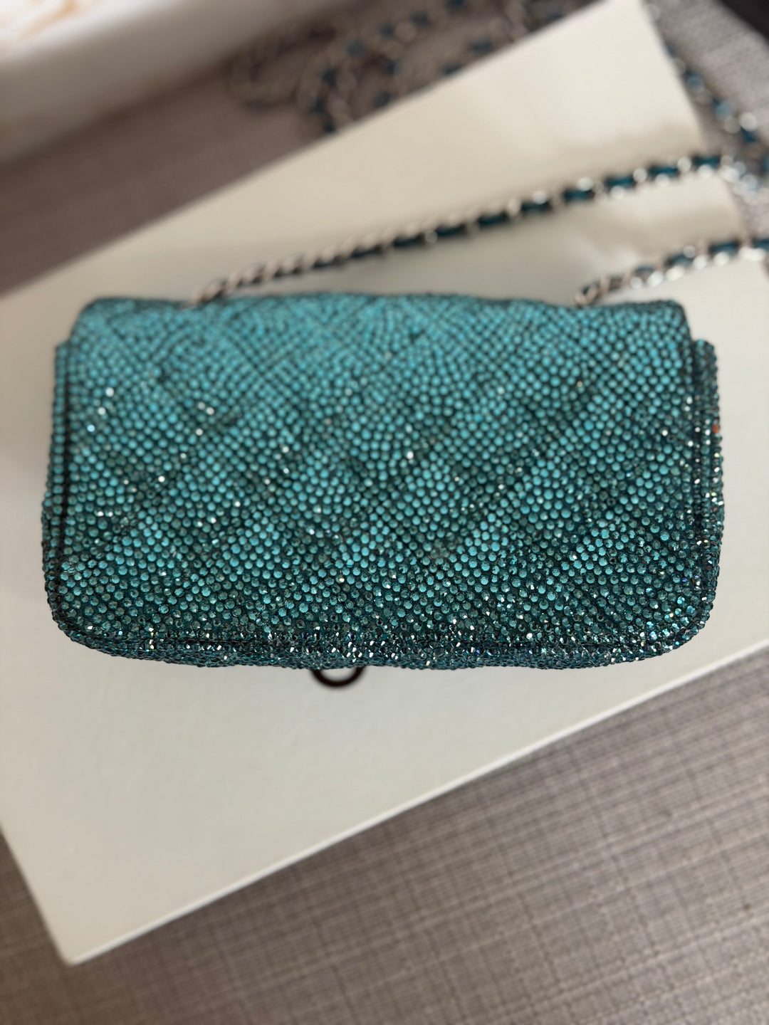 CHANEL series 21 Turquoise Teal Green Blue Diamanté Swarovski Crystal Strasssd Extra Mini Flap Bag with SHW *unicorn* RARE