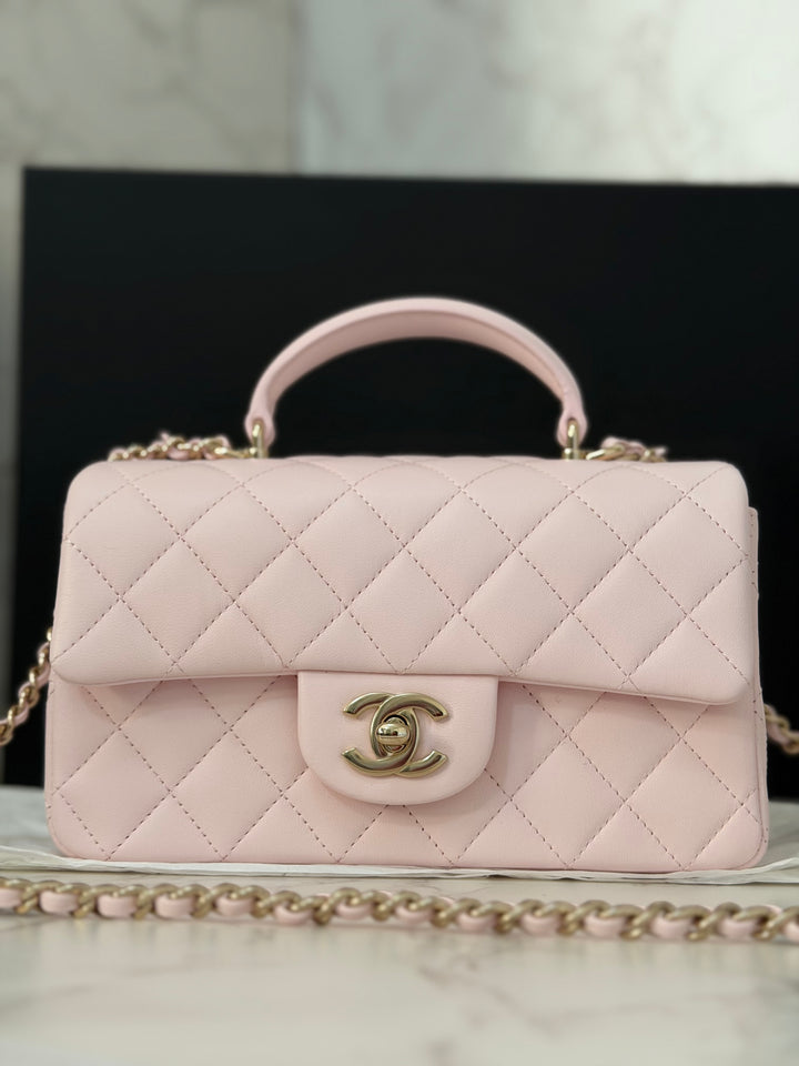 CHANEL 22P 2022 Sakura Light Pink Lambskin LGHW Mini Rectangular Flap Bag with Top Handle