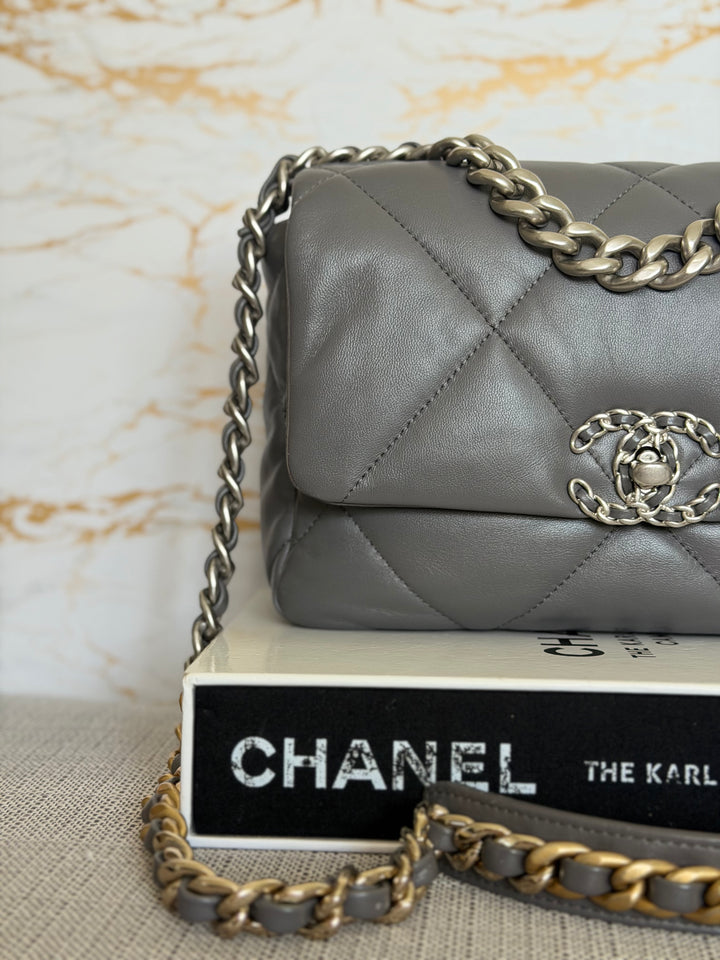 CHANEL Dark Grey Lambskin 19 Size SMALL/MEDIUM Mixed HW Flap Bag 2022 Microchipped
