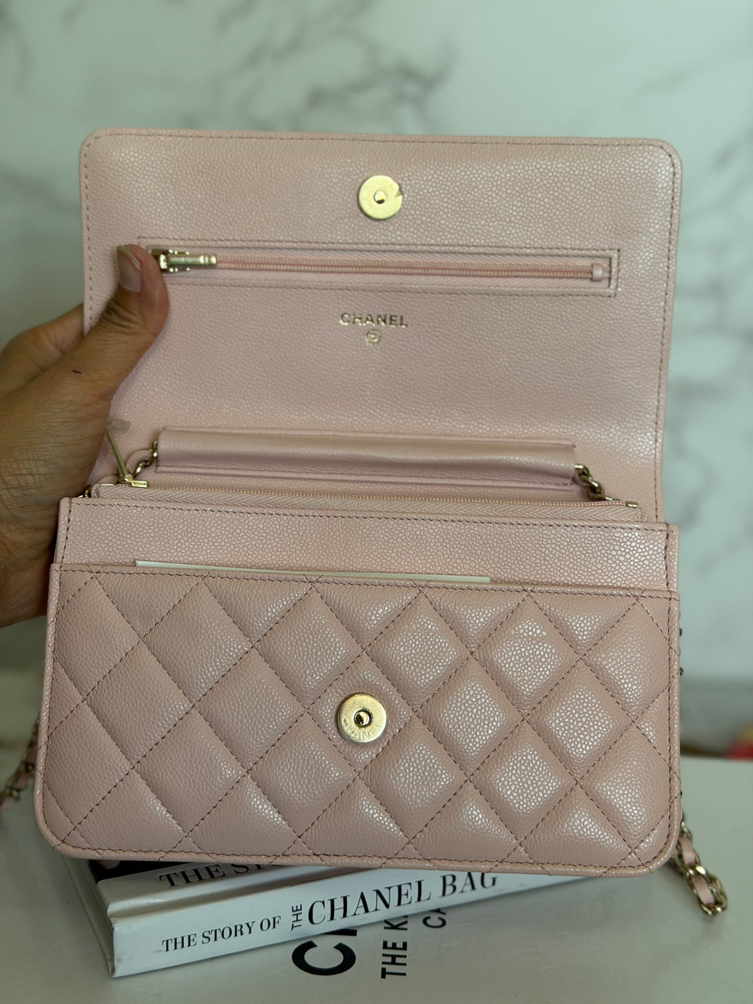 CHANEL Light pink/Nude pink caviar LGHW Classic Wallet on chain (WOC) 2024