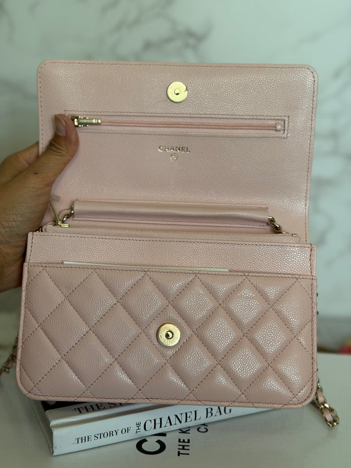 CHANEL Light pink/Nude pink caviar LGHW Classic Wallet on chain (WOC) 2024