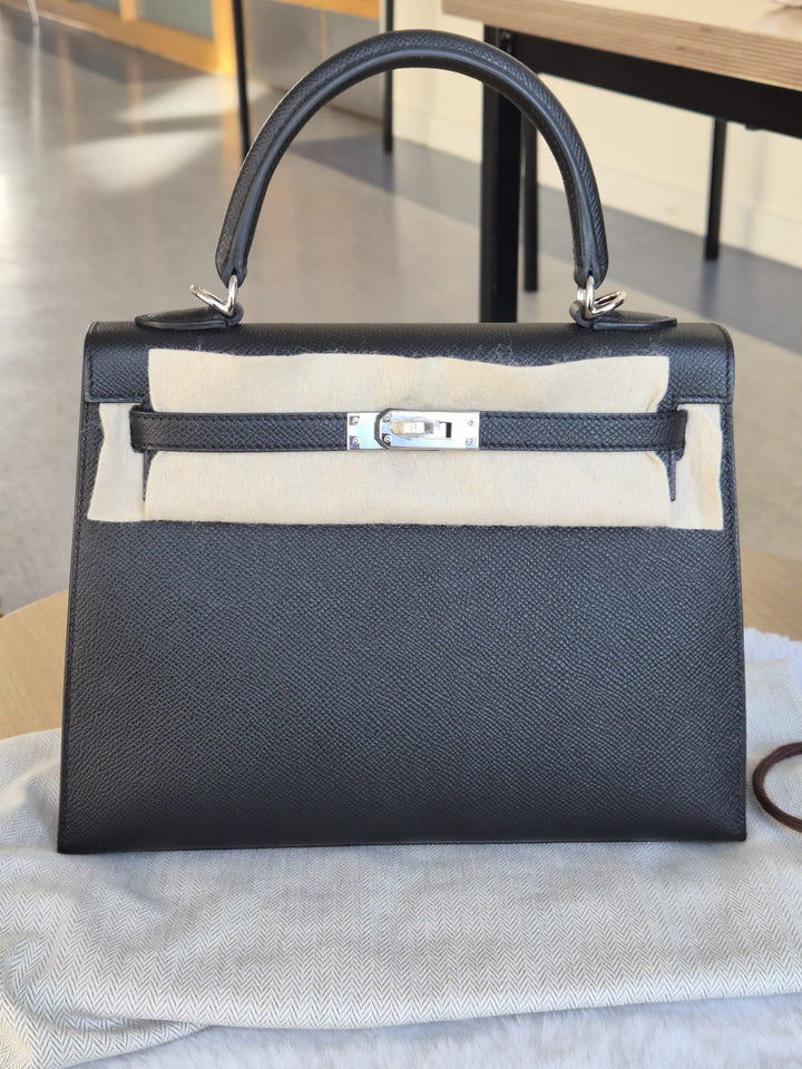 WA/Email to Purchase only- HERMÈS Kelly 25 Sellier Epsom Black 89/Noir 89 PHW Palladium Hardware 2024 W- unused