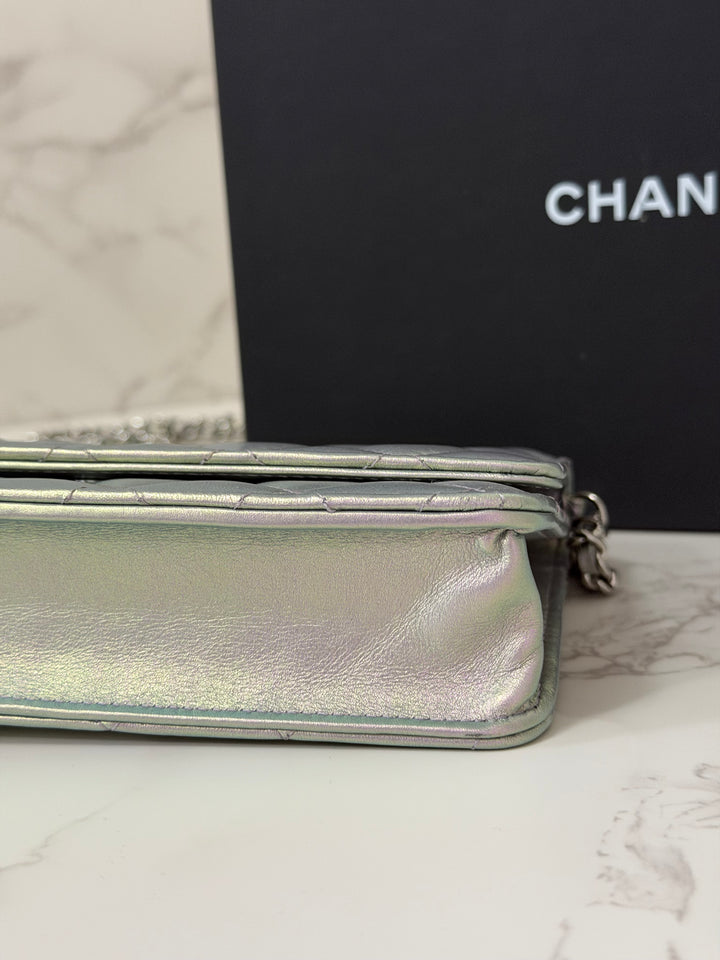 CHANEL 21K Silver Lambskin SHW Classic Wallet On Chain (WOC)